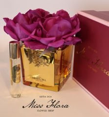 Gold Sarı Cam Kare Fuşya 4 Gül Oda Kokusu